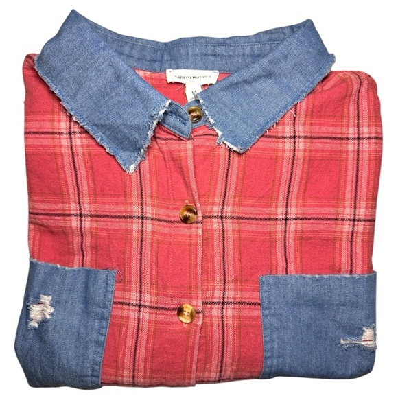 Dance & Marvel Red Plaid and Denim Raw Edge Flannel Women’s Size Medium - Picture 6 of 10